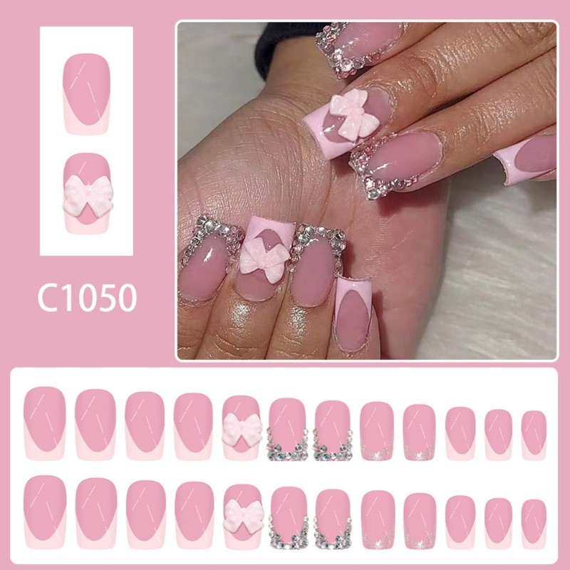 Pink Bows Fake Nail Snugly Fit Almond Shape Florals Design Artificial Nail