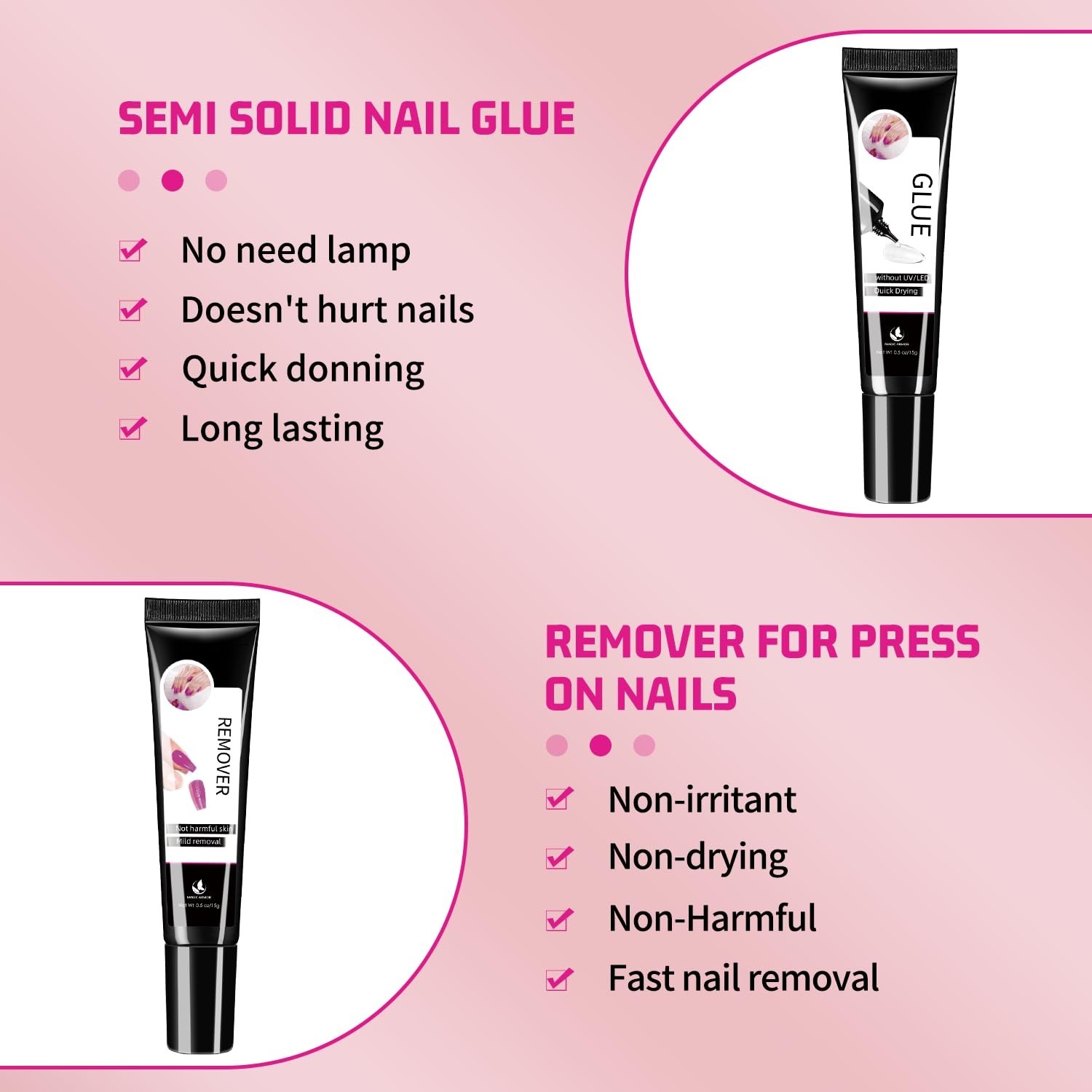 15g Semi Solid Nail Glue with Remover for Press On Nails Tips Gel Clear