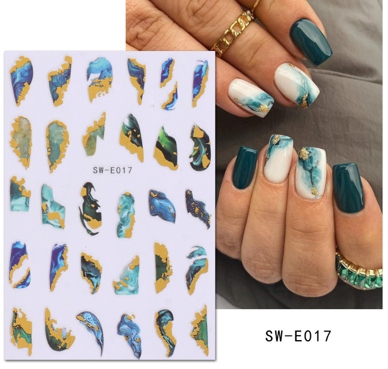 Nail Art Sticker Decal 3D Acrylic Blue Ink French Lines Marbles Golden Wave NS43