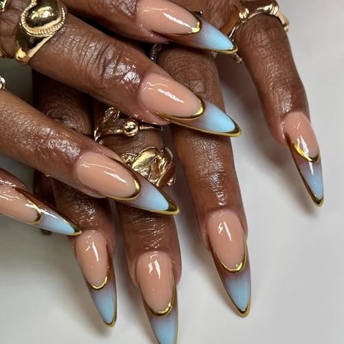 Press on Nails – Long Stiletto Fake Nails with Ombre, Acrylic Gold 06109Brown