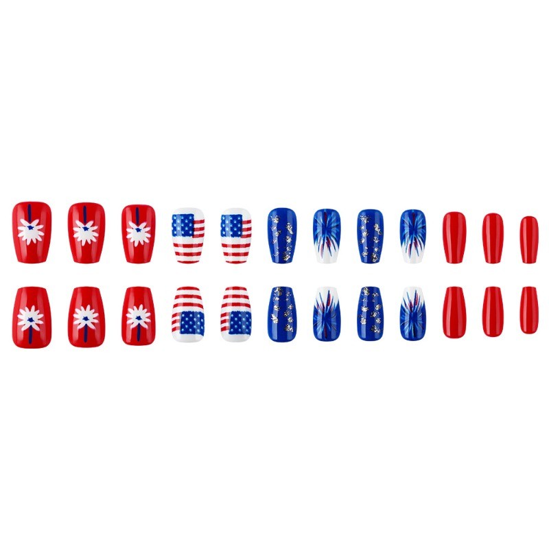 48pcs-4th of July Nails, Press on Square with Red, White & Blue Firework Art