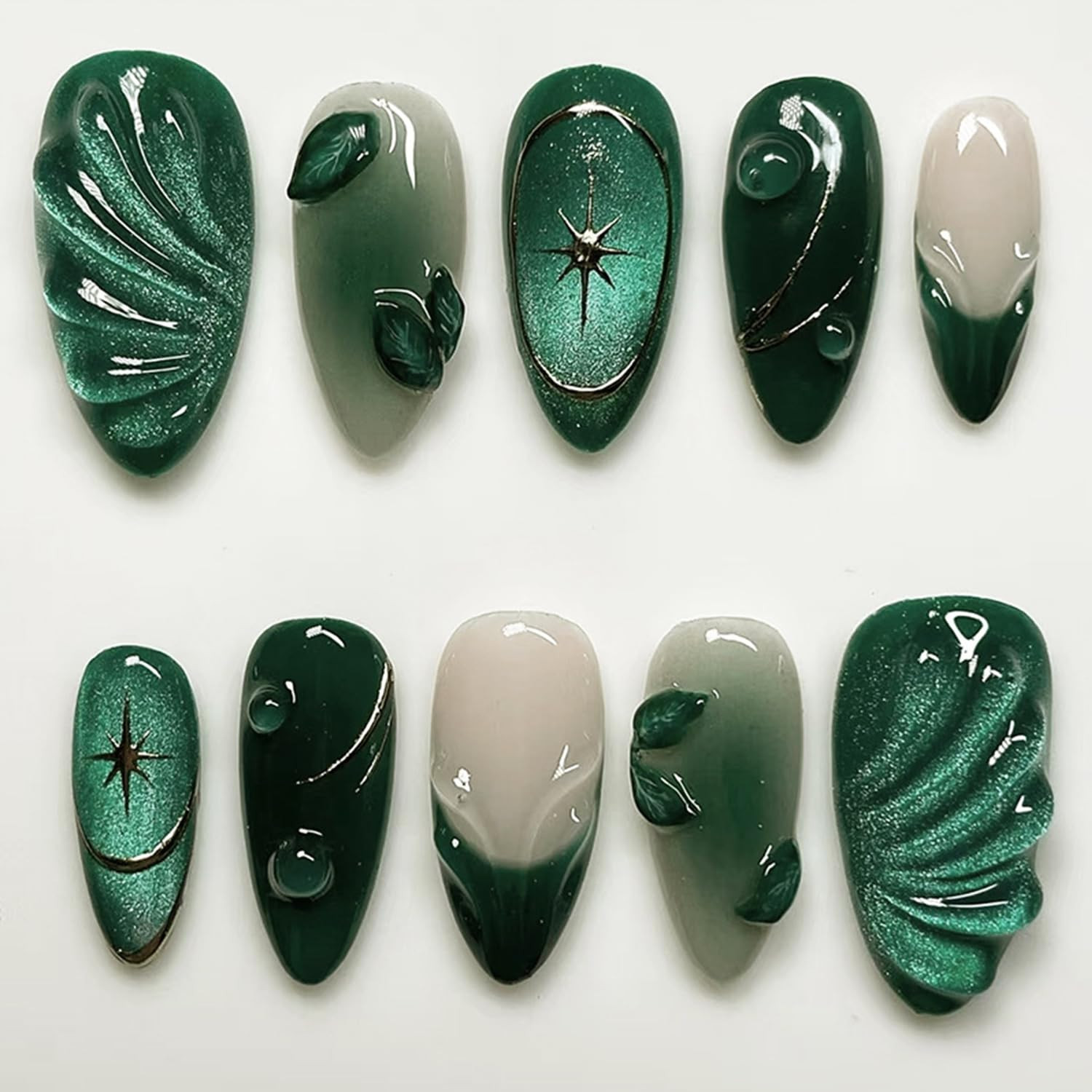 24Pcs Glitter Green Press on Nails Medium Almond Fake Nails with 3D Green Leaves