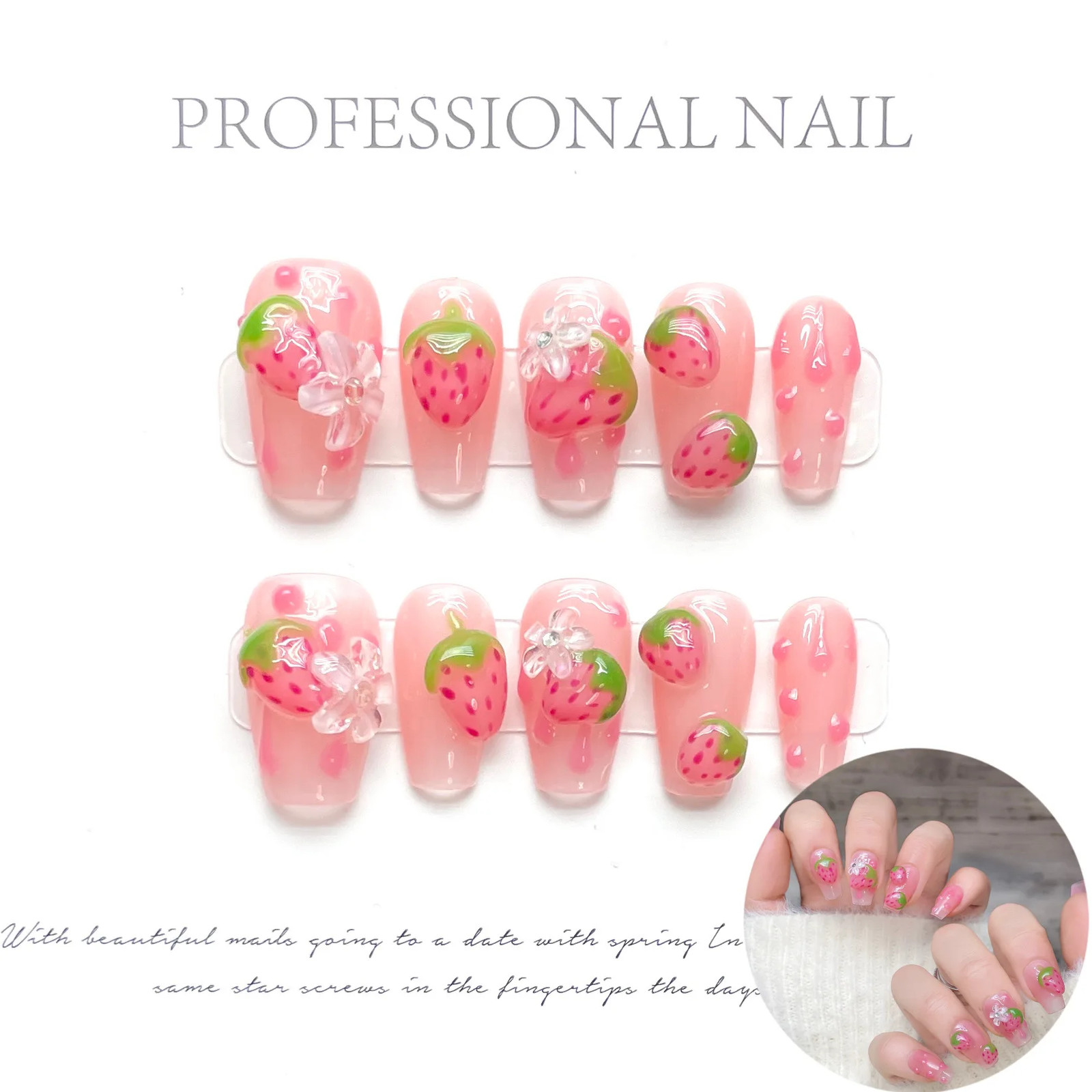 10pcs Cute Nails Pink Bowknots Flower Pearl Decor French Handmade Fake Nail
