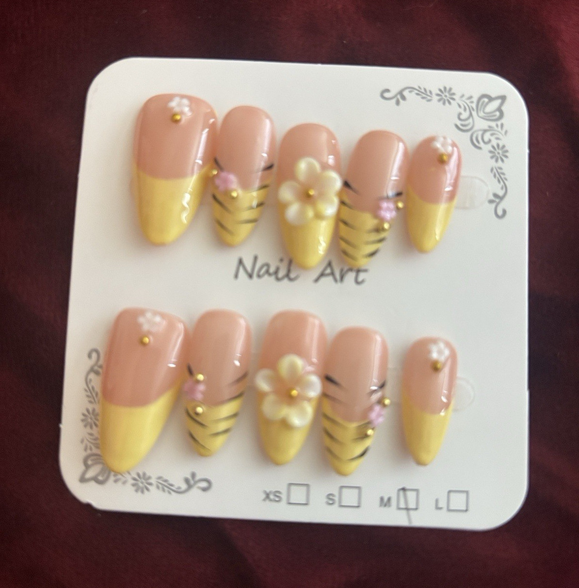 Press-On Nails Set Pink/Yellow 3D Flowers Pre-Designed Long Stiletto Acrylic