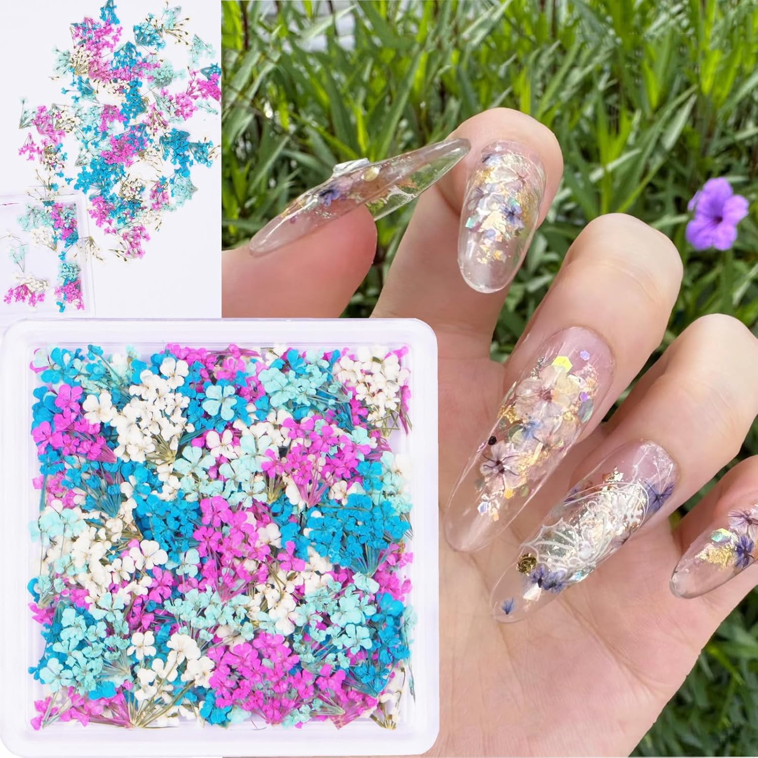 3D Dried Flowers for Nails, Spring Flower Nail Art Stickers 1Box Dried Flowers f