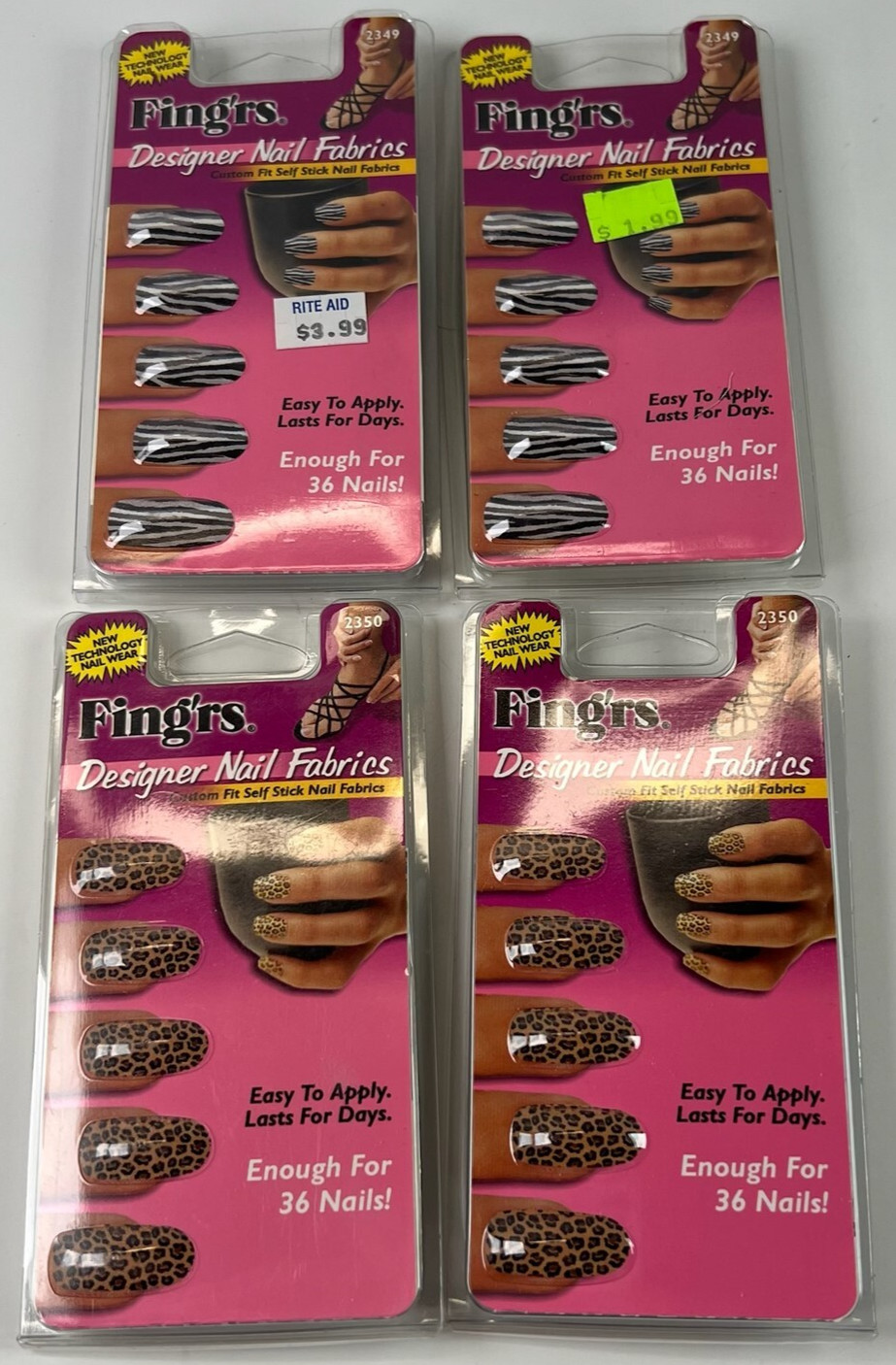 Fing’rs Designer Nail Fabrics Zebra Leopard Lot of 4 Packs New Old Stock