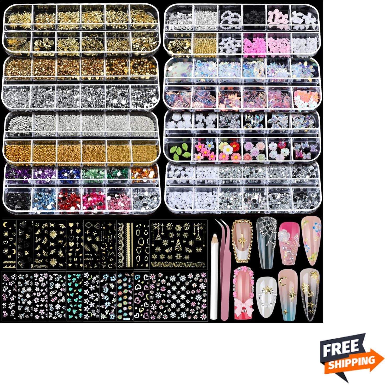Nail Art Kit 8 Boxes Nails Gems Pearls Charms Stickers Rhinestones Accessories