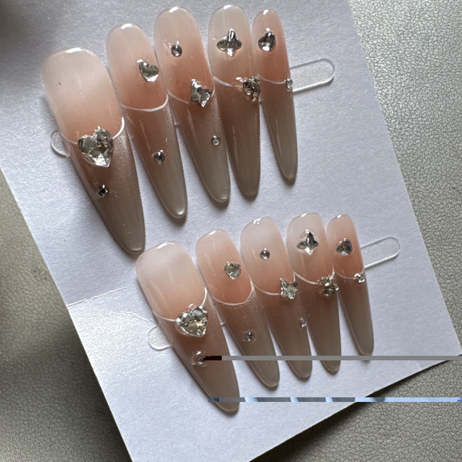 Press-On Nails Long Stiletto Beige/Silver Rhinestone Shiny Pre-Designed