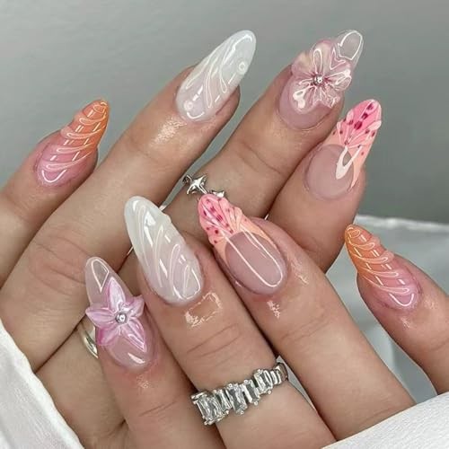 Summer Press on Nails Almond – Medium French Tip Fake Nails 3D Flower Style-17
