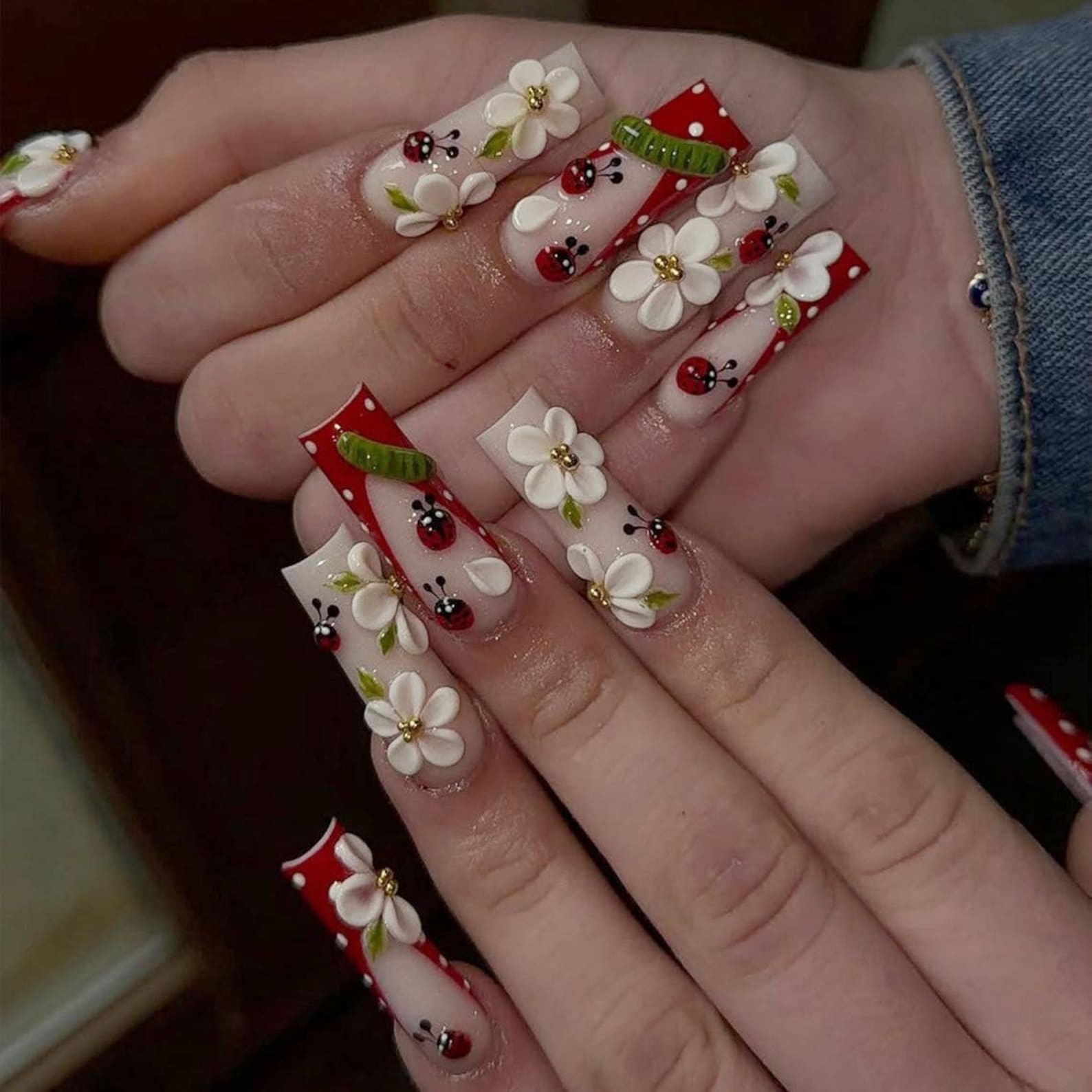 Handmade Red Polka Dot Ladybug White Flower Long Square Press on Nails