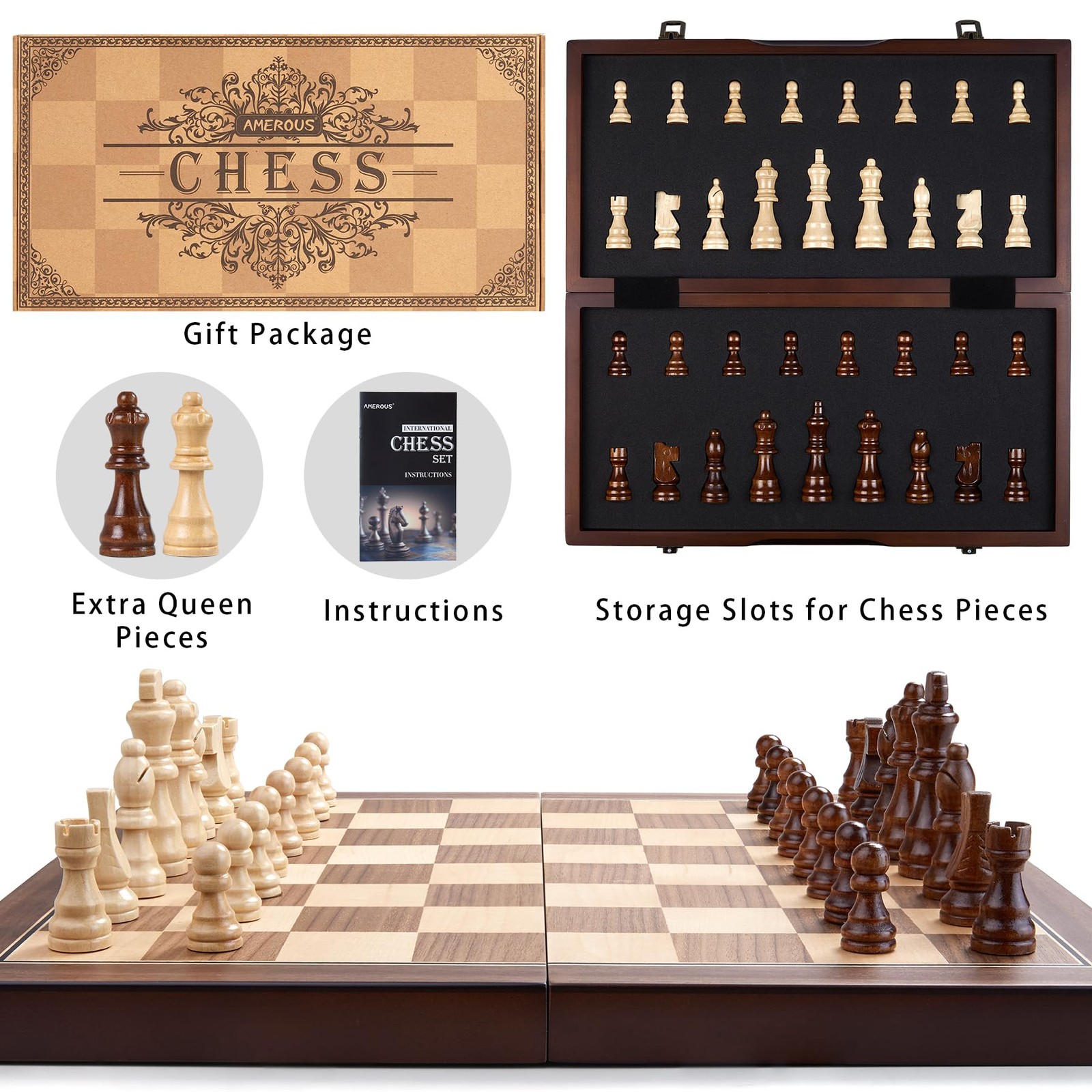 AMEROUS 15” Magnetic Wooden Chess Set for 15 x 15 x 1 inches, Walnut, Maple