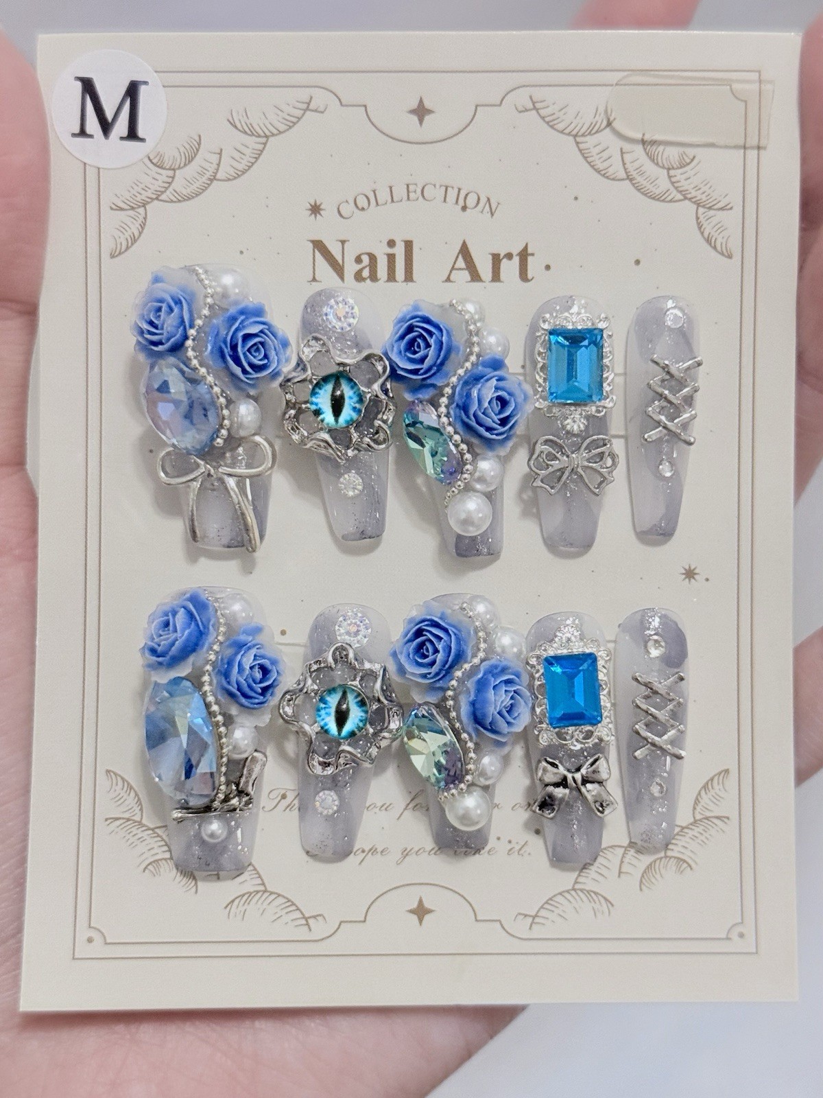 10pcs Handmade Blue Eyes Fake Nail Press/Glue On Nails Size M(Read Description
