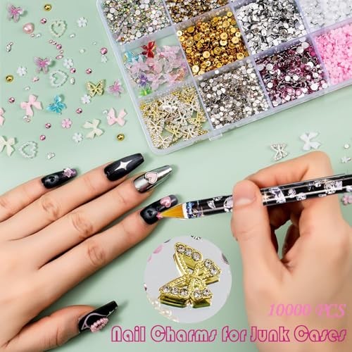 10000 Nail Spells and Gem Set, Pink Cute Bow, 3D Flowers, 15 grid pearl flowers