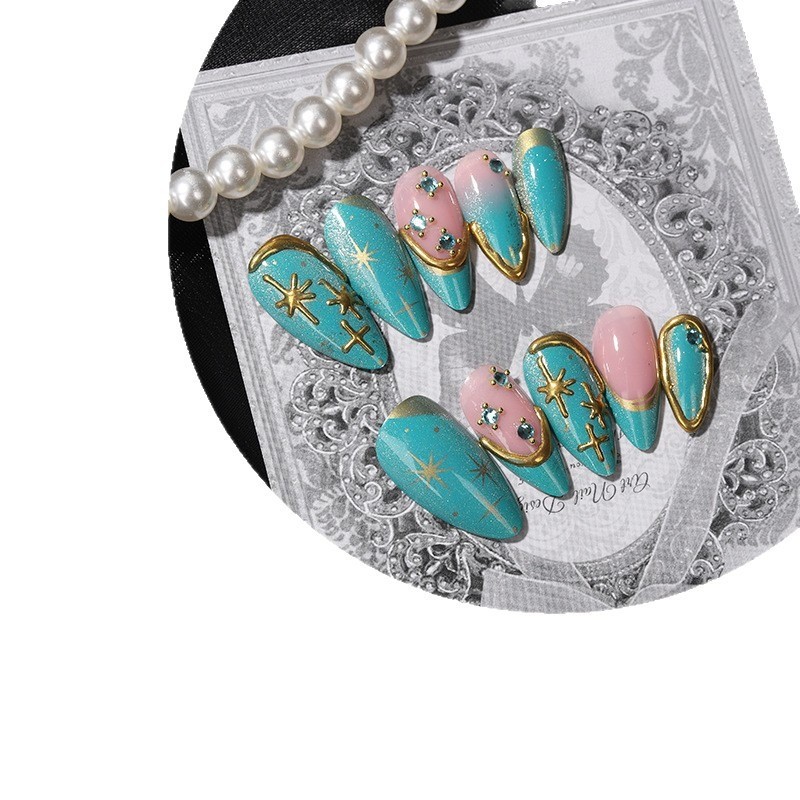 48Pcs-Glossy Nude Press on Nails Teal Cat Eye Gold Trim Star Long Almond Nails