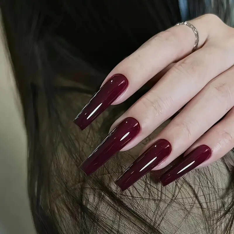 24pcs Solid Glossy Ballet Shape Alcohol-Free Wine Red Long Trendy Nail Art