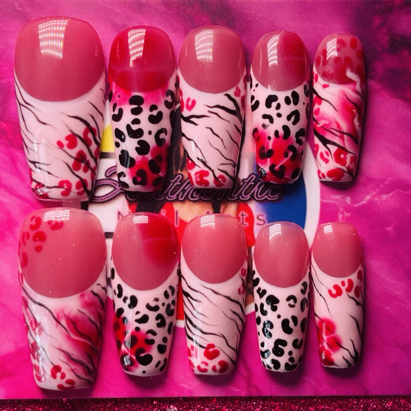 Long Coffin Press-On Nails Pink Red Black White Animal Print Shiny by Dia