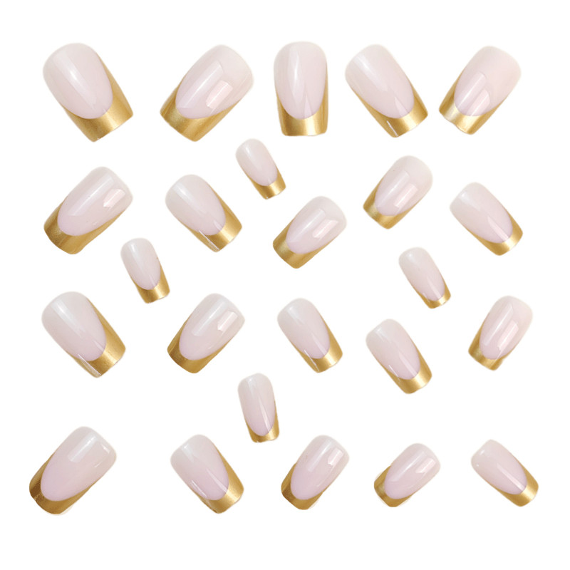 48pcs Short Square Handmade Press‑On Nails, Milky White Thin Gold French Tip