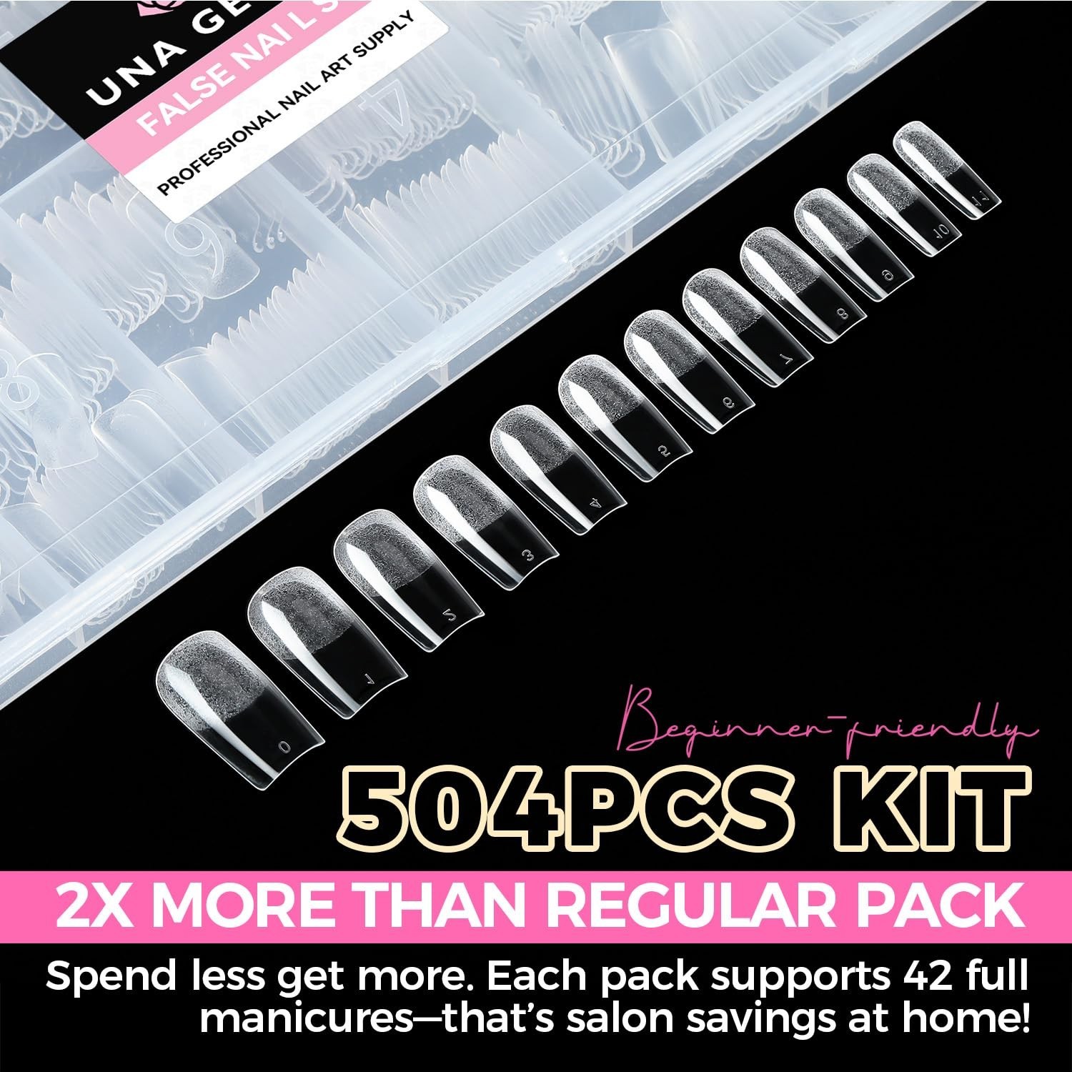 UNA GELLA Square Fake Nails 504pcs Clear Gel Tips 12 Sizes Full Cover Nail Kit