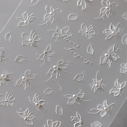 5D Embossed White Flower Nail Art Stickers Pearl Flower Nails Stickers Style-14