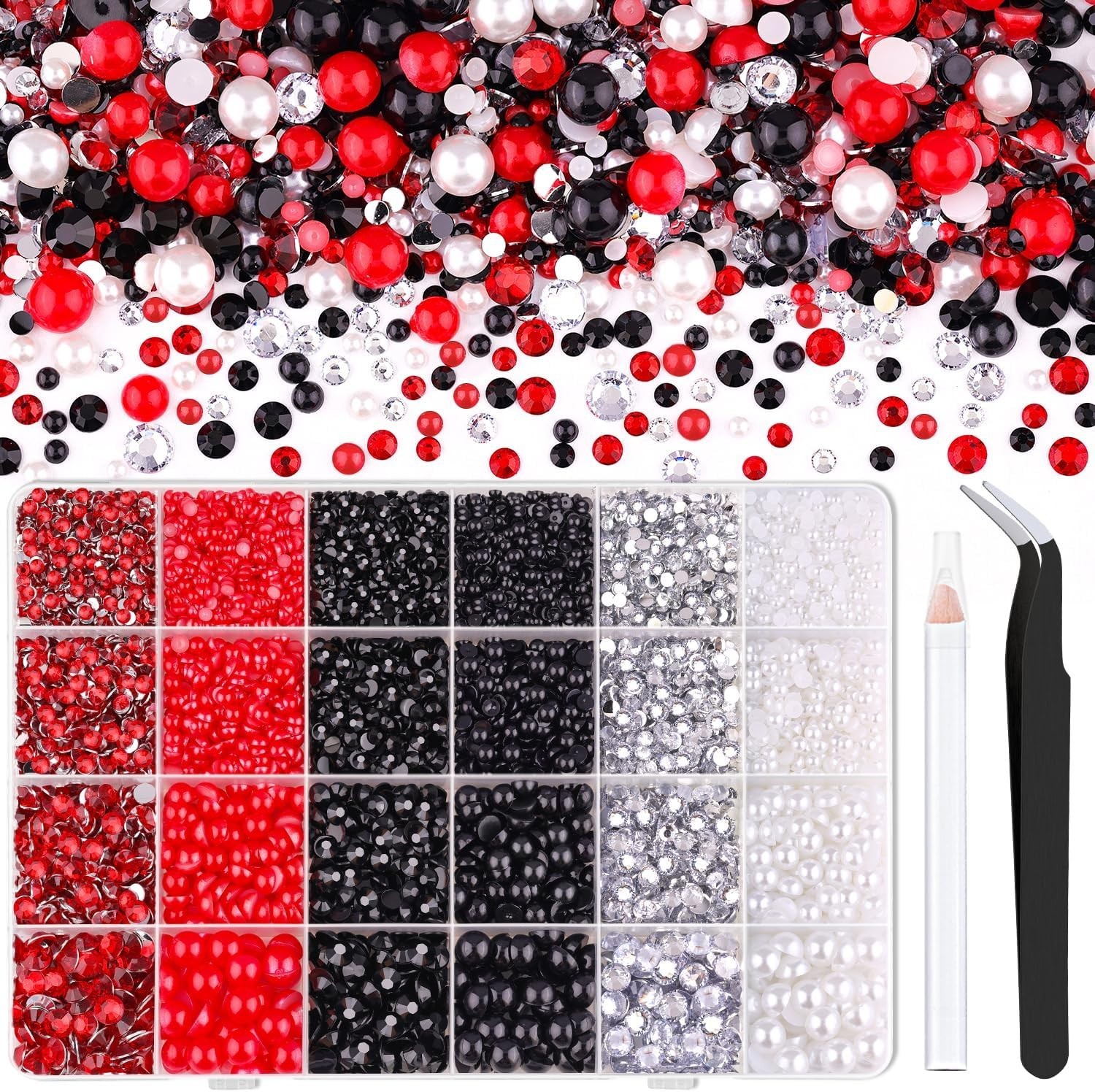 14000PCS Flatback Pearls and Rhinestones for Bedazzling Kit, Red White Black …