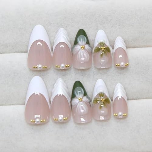 Flower Press on Nails Green Fake Nails Medium 0.04 Fl Oz (Pack of 24) MH19