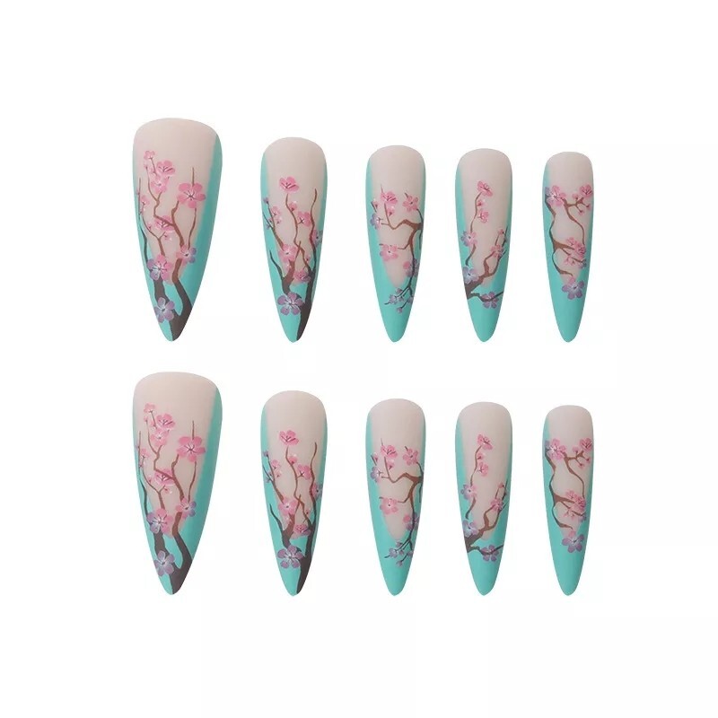 Cherry Blossom Ombre French Press On Nails With Glue Stiletto extra long matte