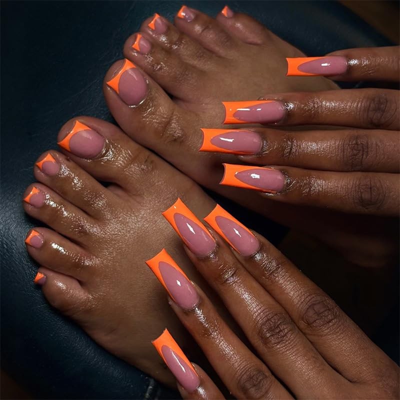 48 Pcs Orange French Tip Press on Nails and Toes Matching Set Long Square Fak…