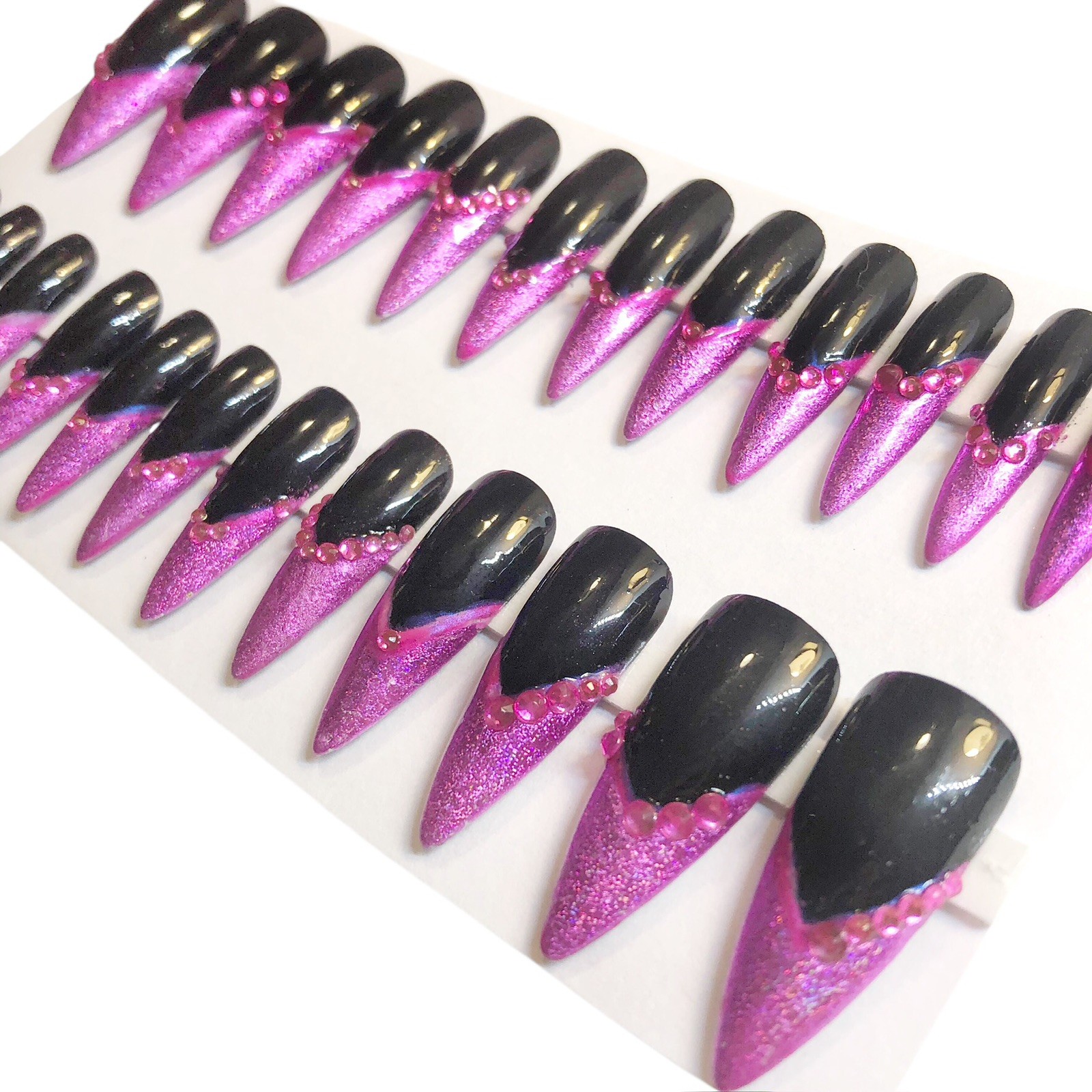 Custom Handmade Press On Nails Long Stiletto Black & Pink Hologram French Tips