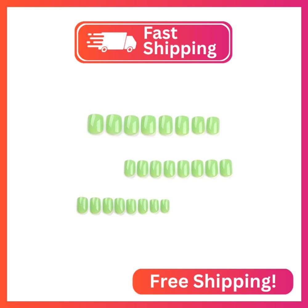 Green Press On Nails: Square, Short, Acrylic, Glossy, False, Solid Color, Glue O