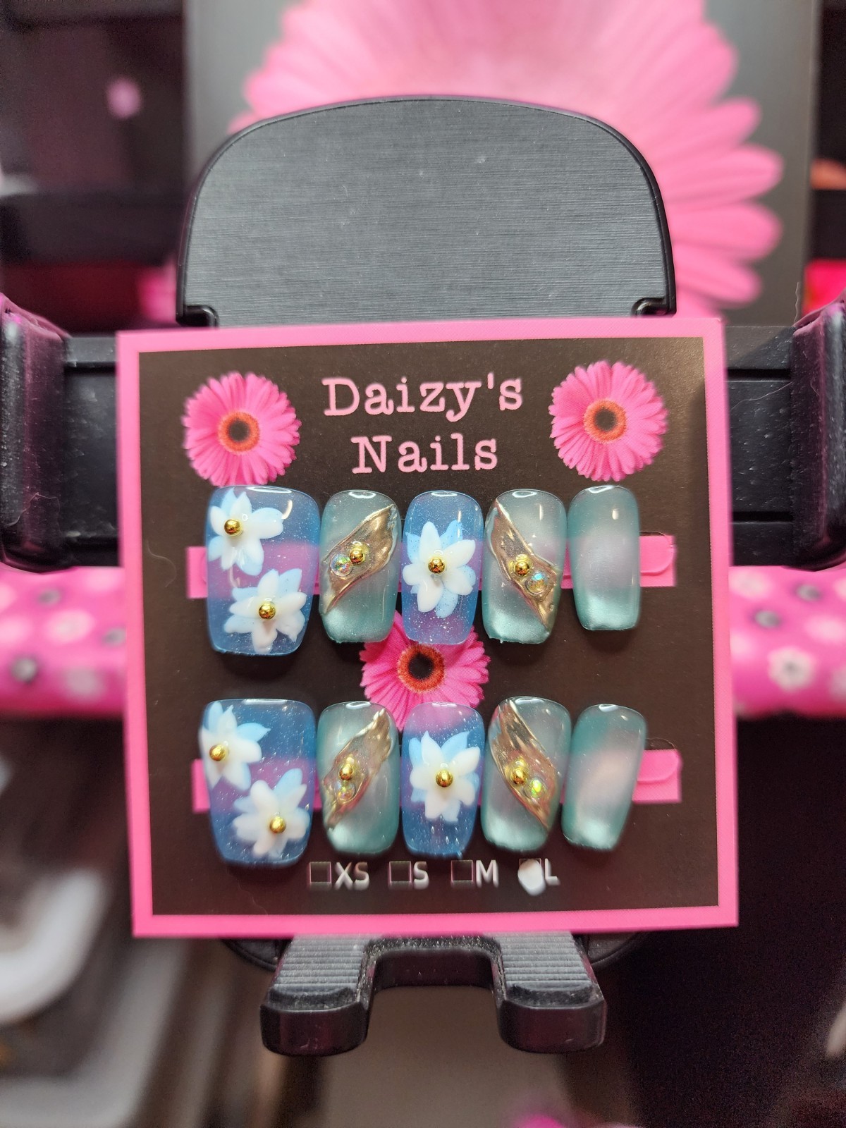 Large Size Press-on Nail 10Pc Set Handmade Squoval Blue Flowers 2.0 Cm Length