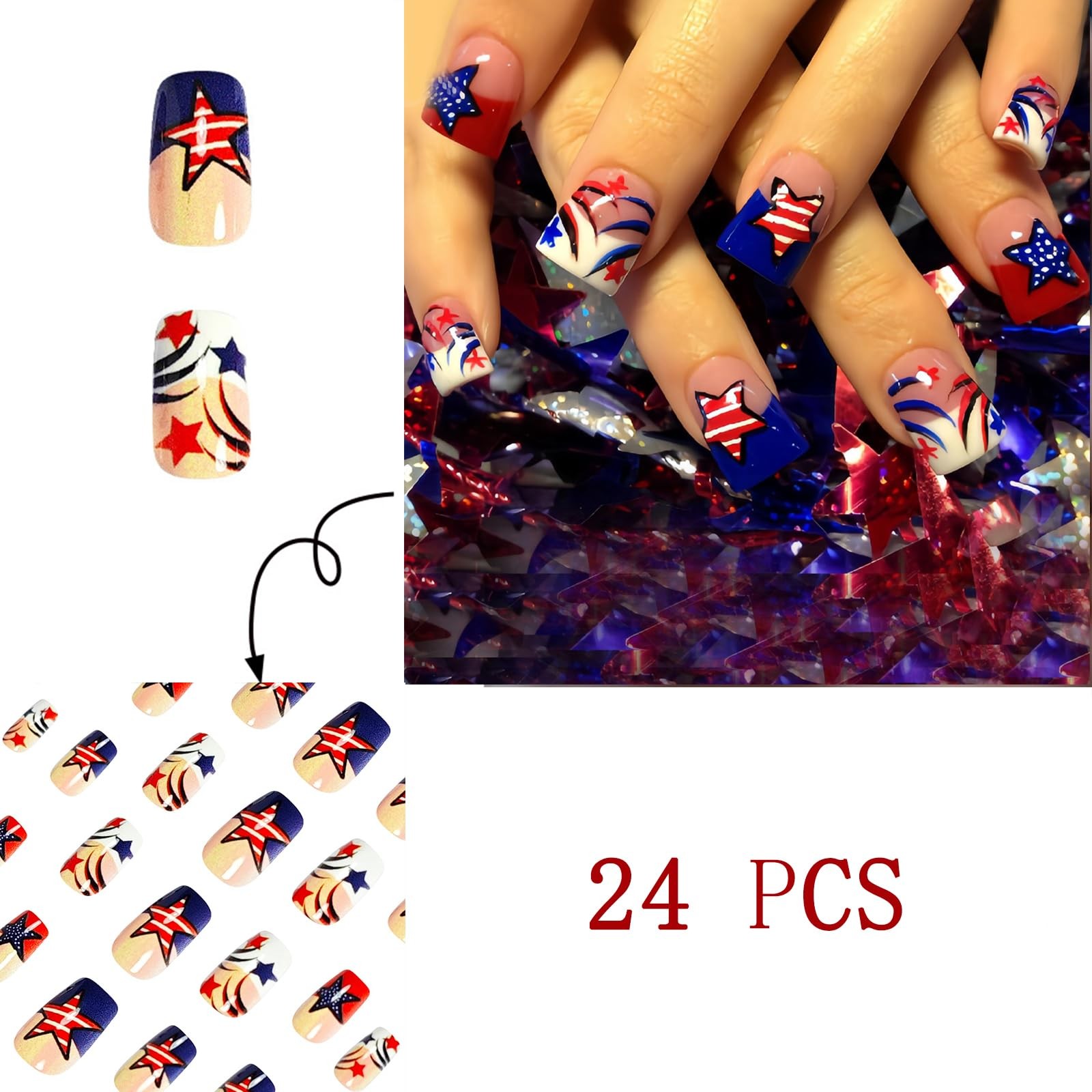 24Pcs 4th of July French Tips Press on Nails Short Square Flag Star Designs F…