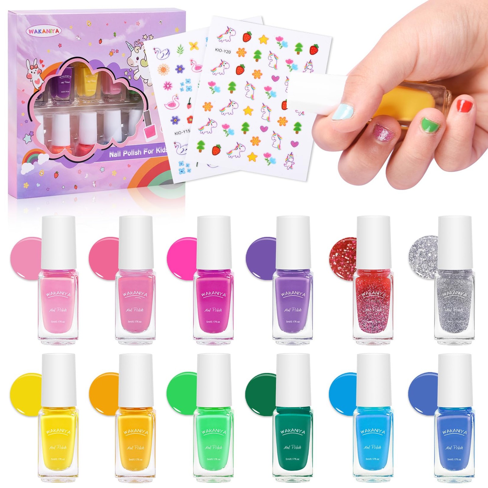 wakaniya Kids Nail Polish Set for Girls – 12 Candy Colors Safe Toddler Nail Kit