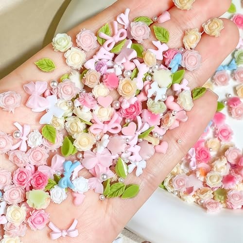 600pcs 3D Camellias Flower Nail Charms Nail Rhinestones with Pearls Rose Flower