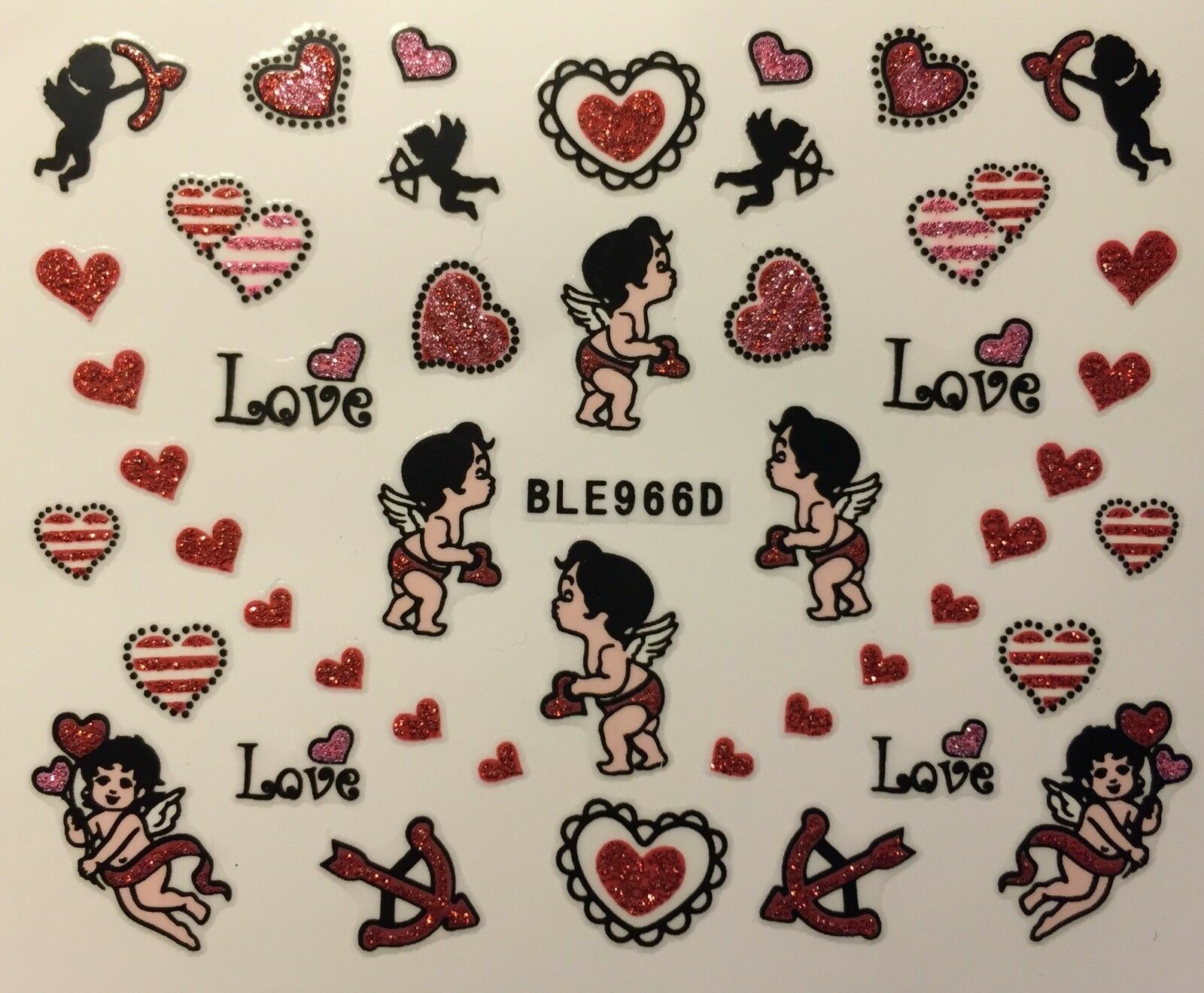 Nail Art 3D Decal Glitter Stickers Valentine’s Day Love Cupid Hearts BLE966D