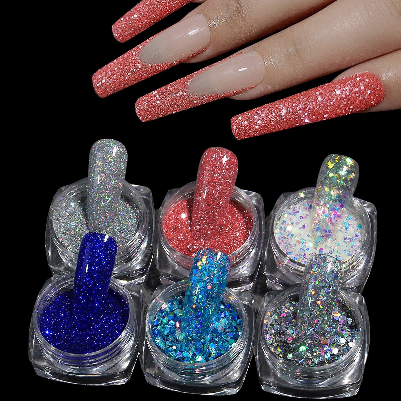6 Mix Colors Set Nail Art Glitter Powder Dust Sparkly Sequins Shiny Flakes DIY