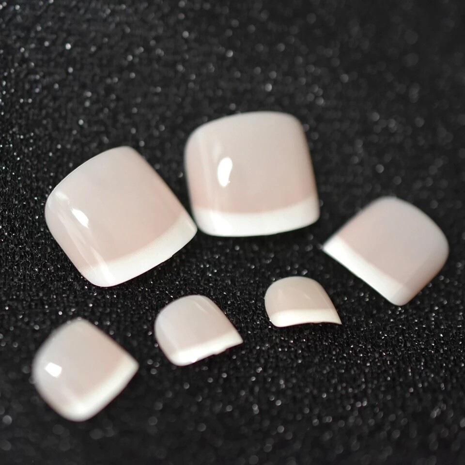 24 Silver Pink Chrome Toe nail press on nails kit w glue mirror shiny white