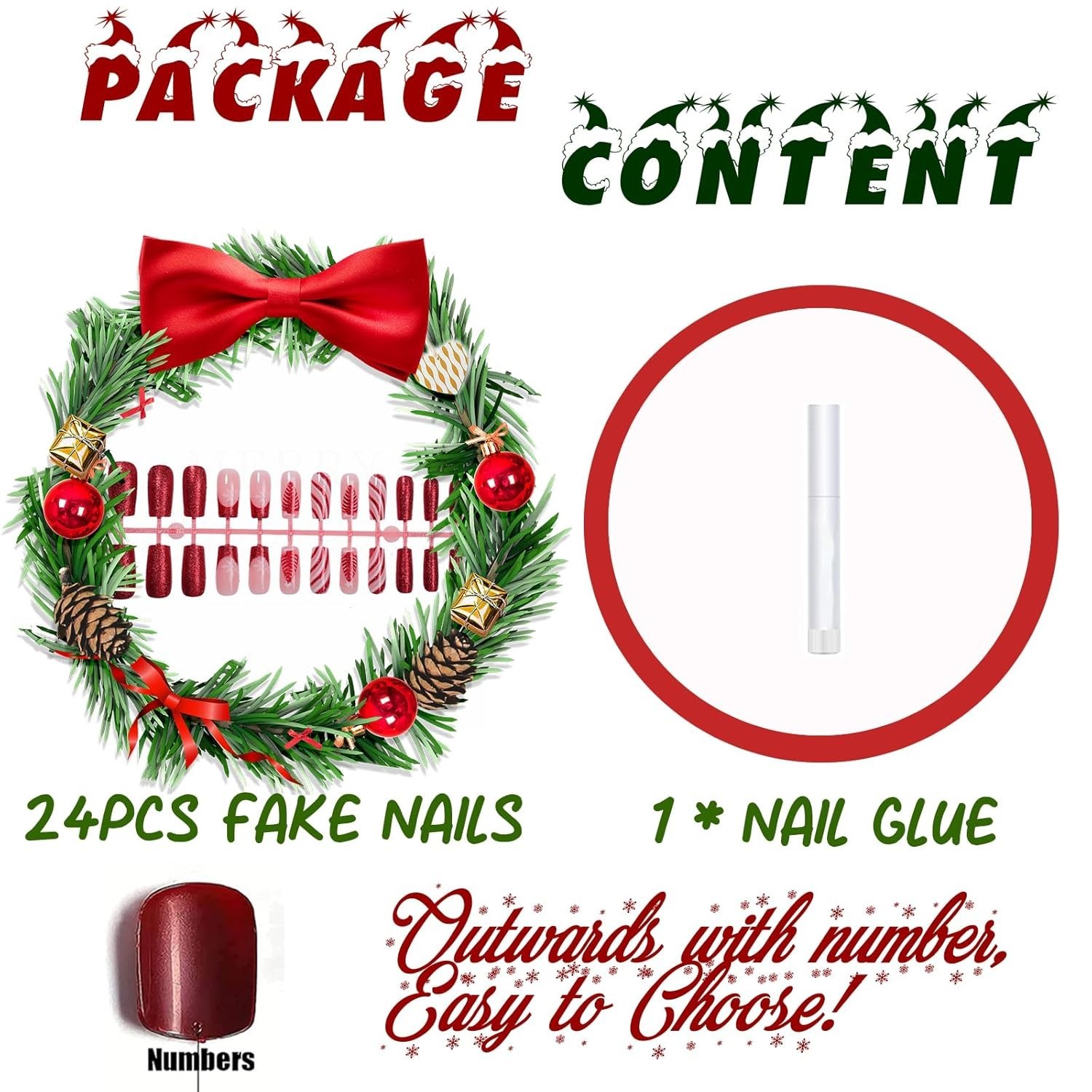 Holiday Acrylic Nails: Custom 24Pcs Red French Glitter & Snowflake Design