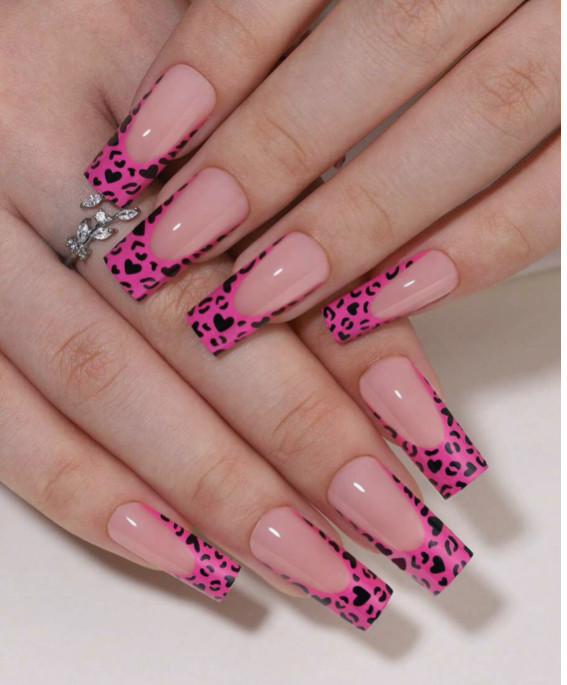 32 pcs Nails Set, Pink Leopard Print French Manicure Style, Full Cover Nails