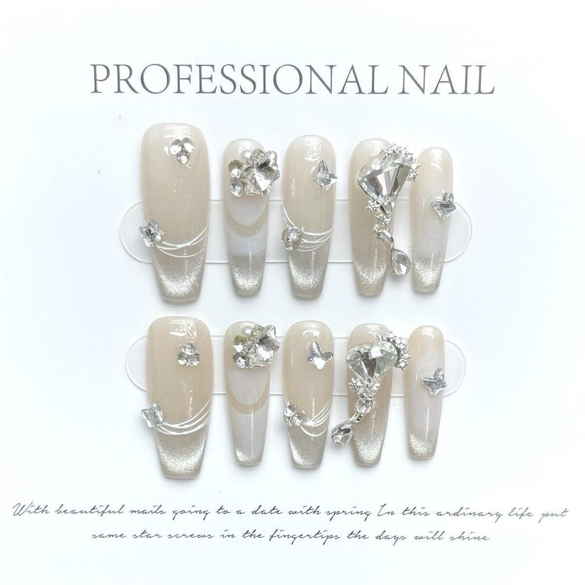 Long Coffin White Press on Nails with Heart and Butterfly Design (#033)