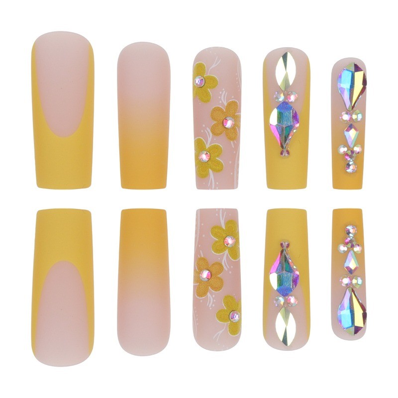 Nude To Yellow Ombre Coffin Press on Nails with 3D Flowers & Rainbow Rhinestones
