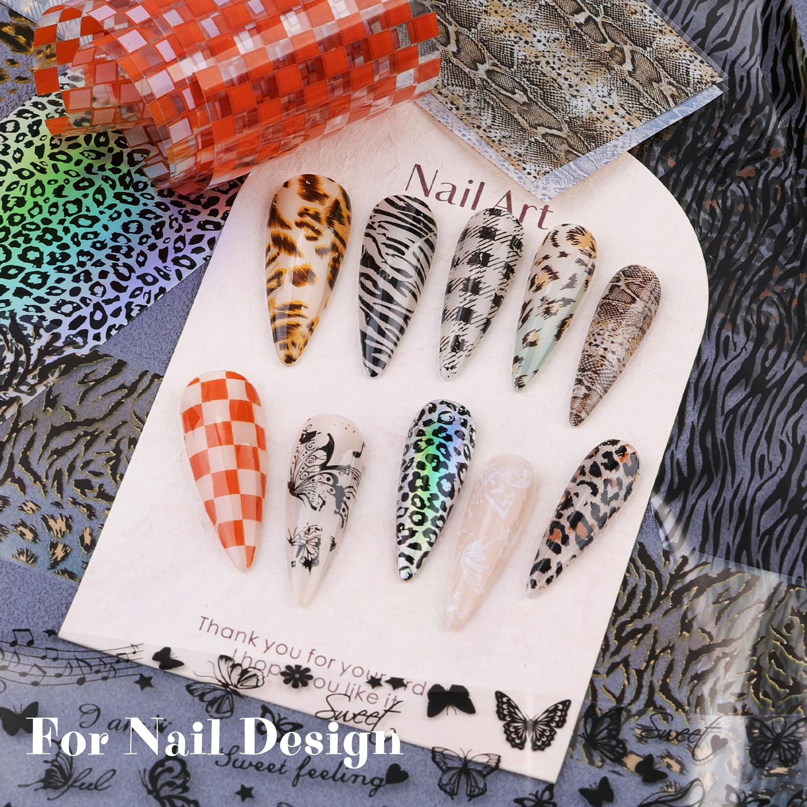 10 Rolls Nail Art Foils Transfer Stickers, Butterfly Plaid Snake Leopard Lace…