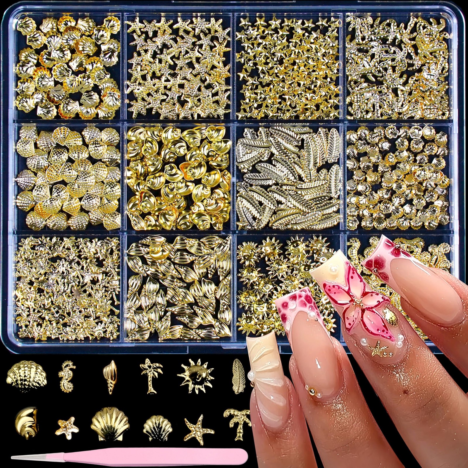 Tephrent Gold 3D Metal Nail Art Studs Shell Seahorse Starfish
