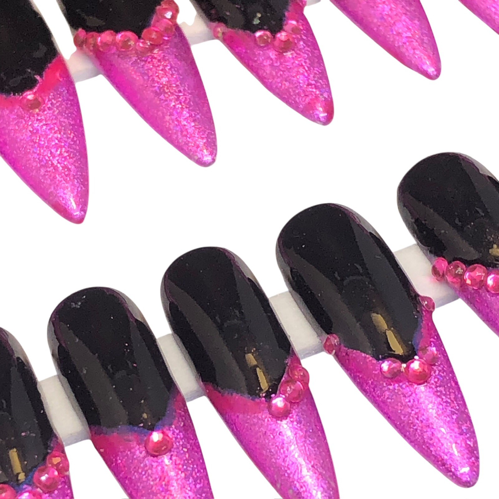 Custom Handmade Press On Nails Long Stiletto Black & Pink Hologram French Tips