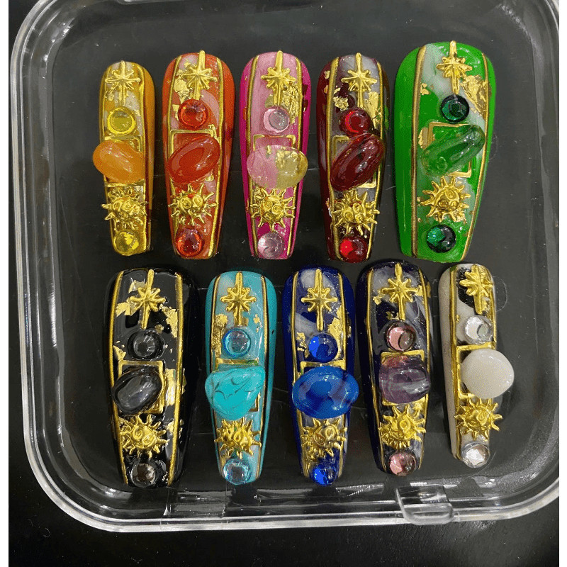 Gem Sun Handmade Press on Nails Gold Frame Marble Iridescent Shimmer Fake Nails