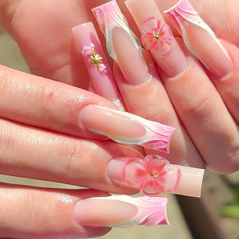 24pcs 3D Flower Bowknot False Nails Y2K Long Coffin Press On Nails