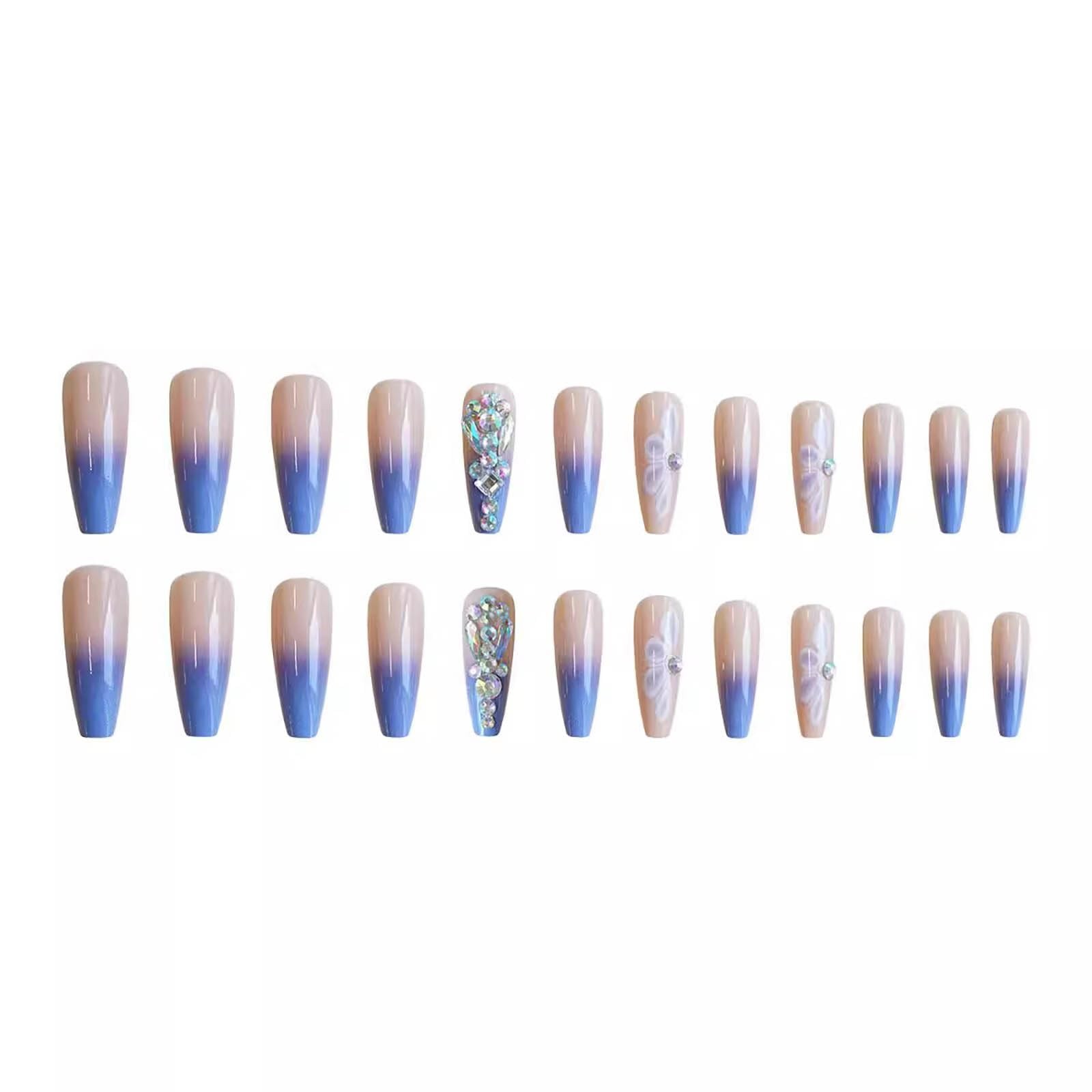 Blue Ombre French Tip Press On Nails with AB Rhinestones