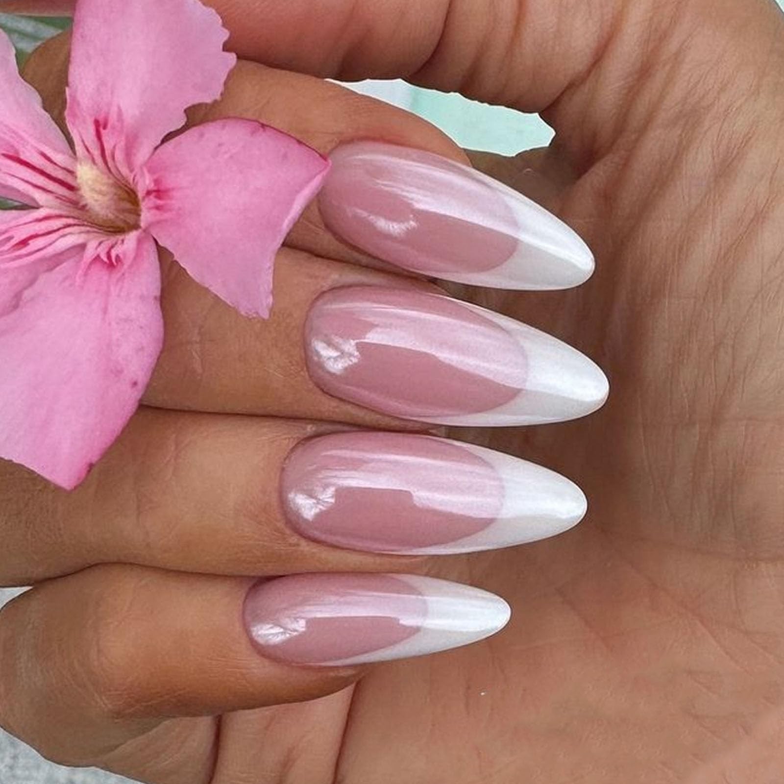 Chrome Press on Nails Almond Medium White French Tip Fake Nails Fading Red Fu…