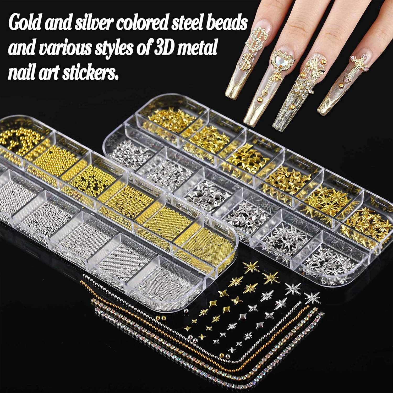 BANA Nail Charms for Rhinestones Kit with 13 Boxes of Nail Gems, 18000Pcs 3D Gol