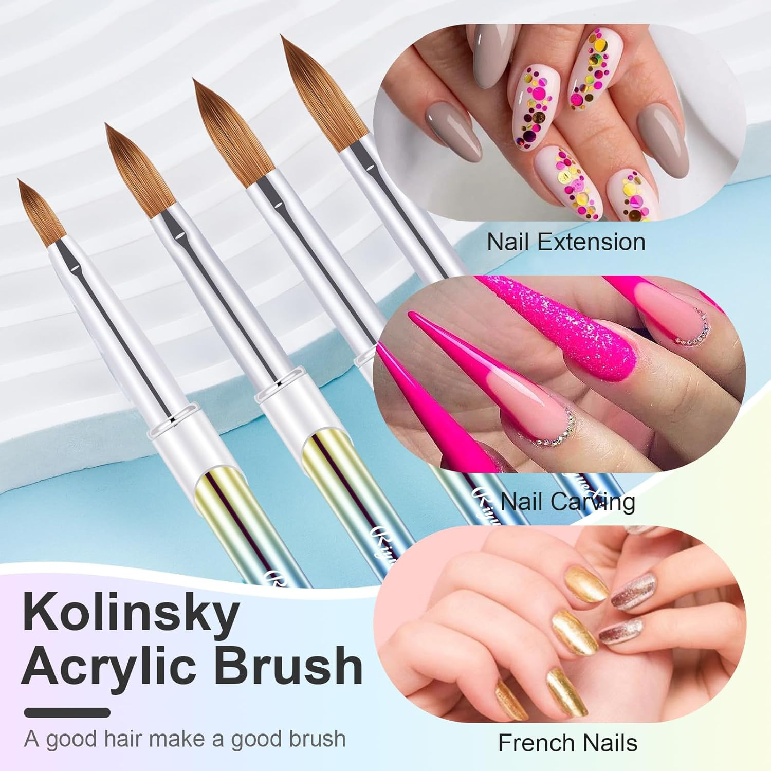 4PCS Acrylic Nail Brush Set, 6/8/12/16. Kolinsky Nail Art Brushes for Applicatio