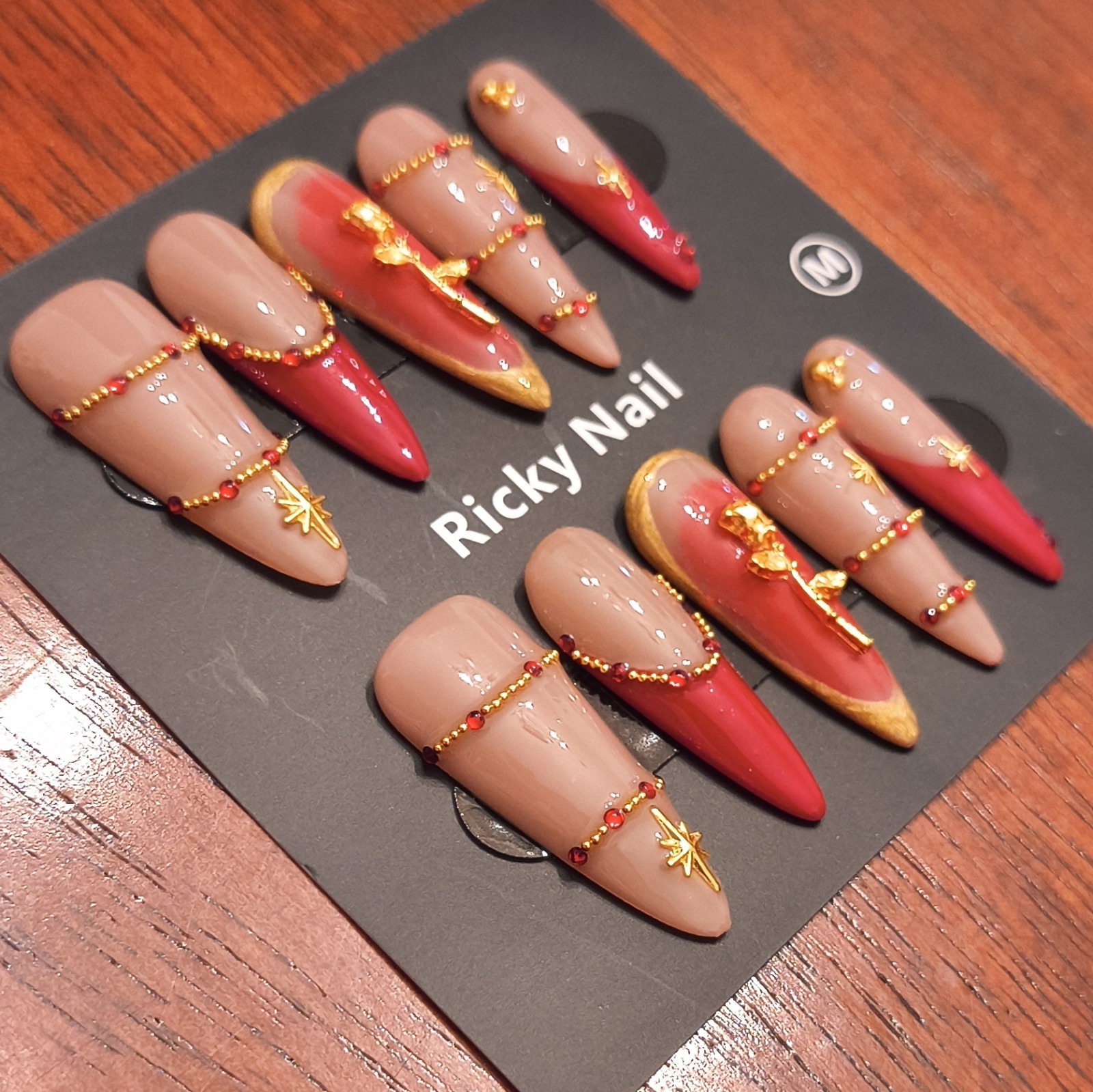 Ricky Nail Press-On Nails Medium Stiletto Red Beige Gold Star Design
